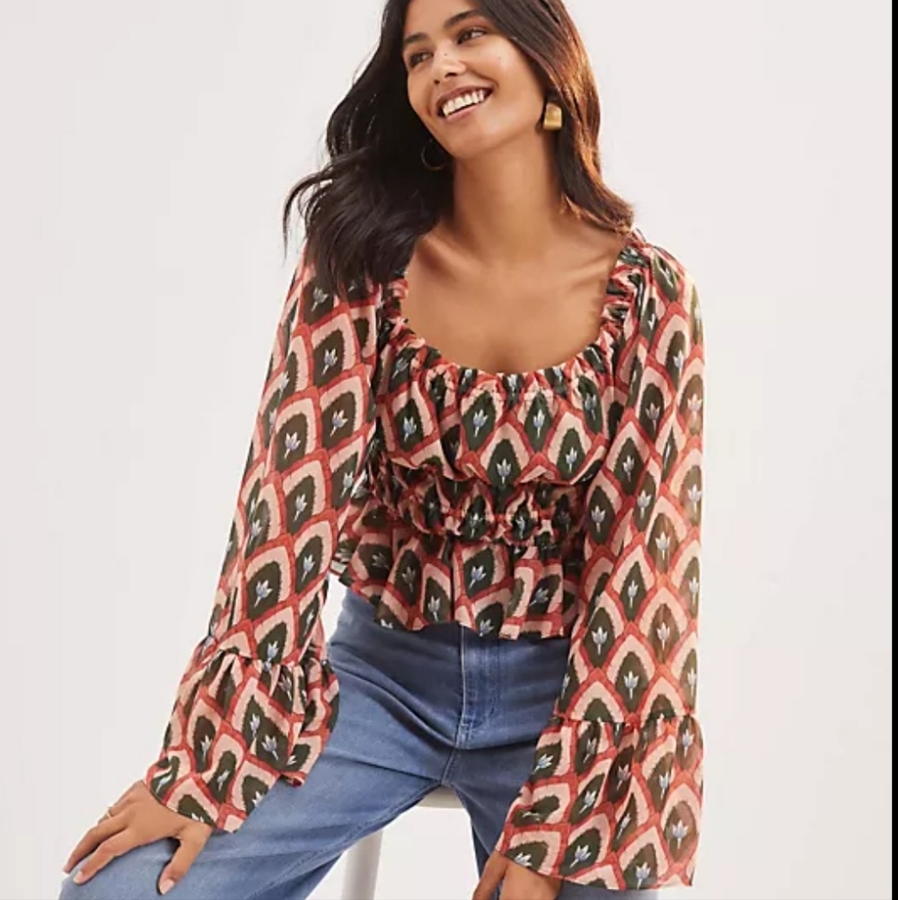 Hutch Anthropologie Smocked Puff Sleeve Blouse Geometric Top